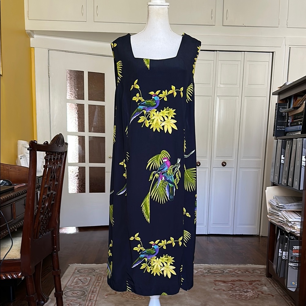 Vintage Midnight Blue Tropical Bird Print Sleeveless Dress Size 18 - Picture 2 of 11